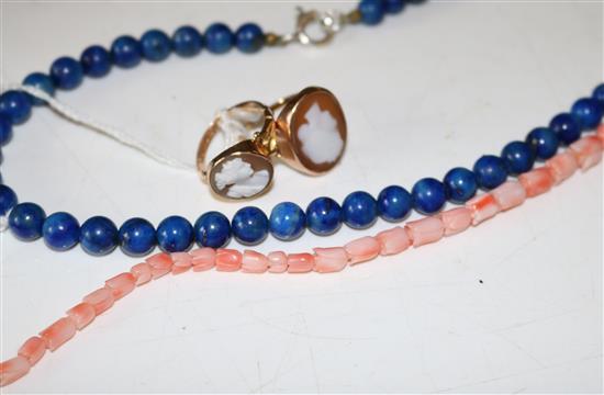9ct gold cameo ring, similar unmarked ring, Lapis lazuli necklace & coral necklace(-)